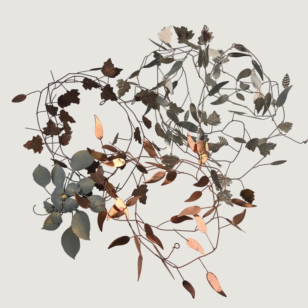 Brutalist MCM Metal Leaf Garland & Floral Wall Art Set Copper Silver Tone MCM
